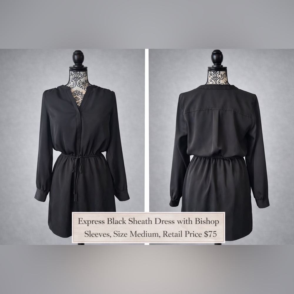 Express Black Sheath Dress Size Medium Bishop Sleeve Tie Waist $75 Retail